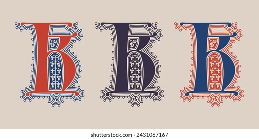 K letter illuminated gothic monogram with naturalistic flowers ornament. German drop cap. Dark age decorative logo. Classic medieval red and blue Latin initials font based on XIV century manuscript.