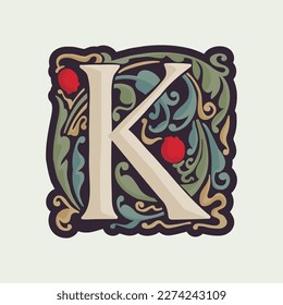 K letter illuminated initial with curve leaf ornament and tulips. Medieval dim colored fancy drop cap logo. Gothic heraldry blackletter dark-age emblem. Perfect for luxury calligraphy with pattern.