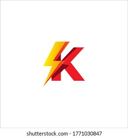 K Letter Initial Logo Design Template. Alphabet with Thunder Shape Logo Concept. Isolated On White Background. Hot Red and Yellow Orange Gradation Color Theme.