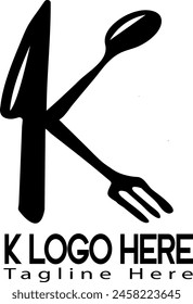 k letra herramienta de cocina cuchara negra cuchillo restaurante tipografía puesto de comida panadería dulce logo diseño