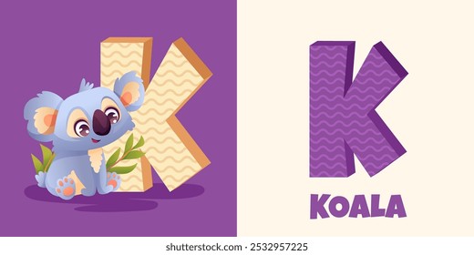 K letter for the Koala. Vector illustration with cute animal alphabet for ABC book. Educational content