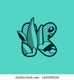 K letter landscape monochrome logo with leaves and dew drops. Vector pattern typeface for vegetarian labels, garden company, eco posters etc.