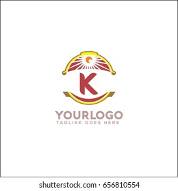 K letter landscape vector illustration. Vintage sunset logo with sun.