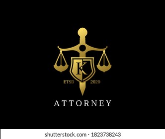 K Letter Law Logo design with golden sword, shield, wreath symbol vector design. Perfect for for law firm, company, lawyer or attorney office logo.