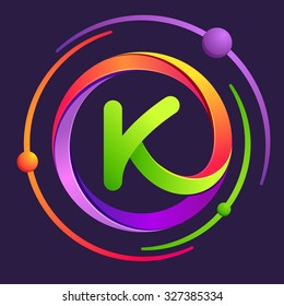 K letter logo with atoms orbits. Vector design template elements for your application or corporate identity.