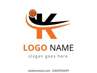 K Letter Logo With Basketball Ball. Sports Symbol Vector Template Design