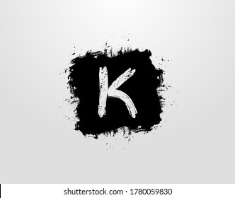 K Letter Logo With Black Square Splatter Element. Grunge Retro logo design template.