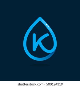 K letter logo in blue water drop. Line style icon. Vector ecology elements for posters, t-shirts and cards.