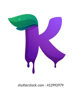 K letter logo with blueberry juice drops and leaves. Vector design template elements for your application or corporate identity.