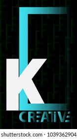 K Letter logo bold with blue rectangle isolated on black texture background.