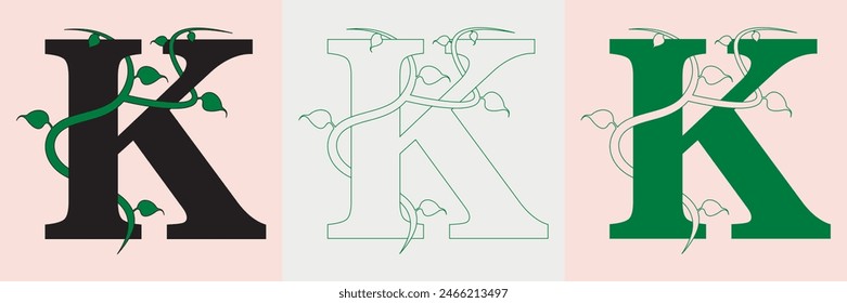 "K" Letter Logo for business and company identity with vines. Unique Hand Drawn Alphabet letter font. Vector Illustration.