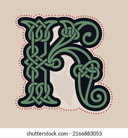 K letter logo with Celtic knots, spiral lines, and red dots. Dim colored medieval initial. Perfect icon for ancient identity, Middle Ages print, barbarian posters, and heraldic monograms.