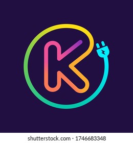 K letter logo in a circle with plug adapter cable. Impossible one line style. Perfect wire icon for technology labels, charge posters, electric company, etc.