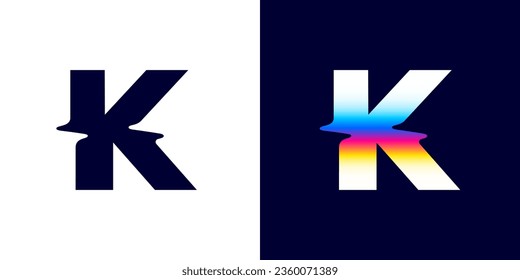 Logo de la letra K con brillo de color. Estilo de doble exposición neón. Signo de gradiente multicolor con holograma y efecto de ilusión. Icono de vector de cambio de color brillante para etiquetas de vida nocturna, pantallas de juego, vibrante adv