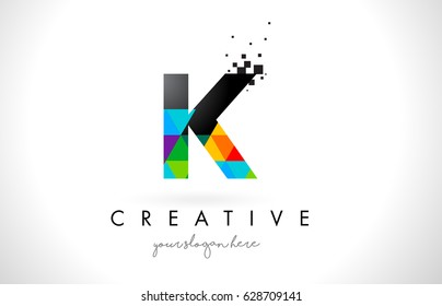 K Letter Logo with Colorful Vivid Triangles Texture Design Vector Illustration.