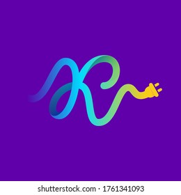 K letter logo with curl cable and plug adapter. Vector typeface for energy labels, wire headlines, power posters, electric company identity, etc.