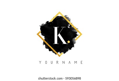 K Letter Logo Design with Black ink Stroke over Golden Square Frame.