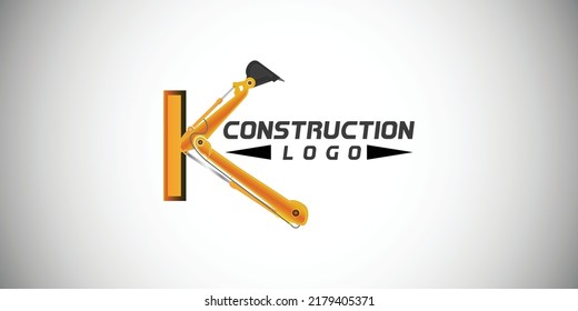 K letter logo design for construction with excavator