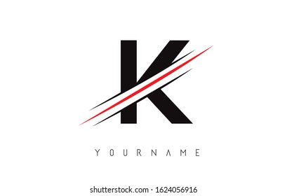 K Letter Logo Design cutted in the middle with a red line and with sharp edges.  Creative logo design. Fashion icon design template.