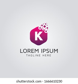 K Letter Logo Design with Dots and Hexagon polygon shape on gradient, Dots Letter K Business Logo Vector Design Template Illustration. 
