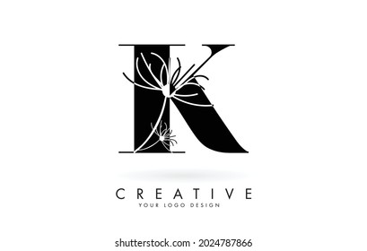 K letter logo design with elegant and abstract flowers vector illustration. Creative icon with letter K.