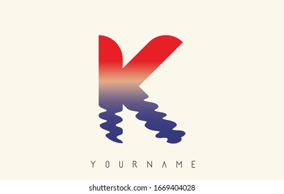 K Letter Logo Design with Water Effect and Sunset Gradient Vector Illustration.