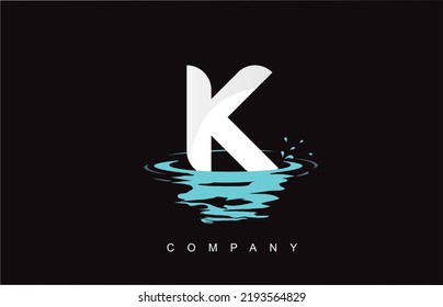 K Letter Logo Design with Water Splash Ripples Drops Reflection Vector Icon Illustration.
