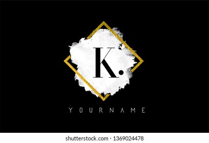 K Letter Logo Design with White ink Stroke over Golden Square Frame.