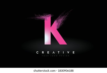 K Letter Logo with Dispersion Effect and Purple Pink Powder Particles Expanding Ash Vector Illustration.
