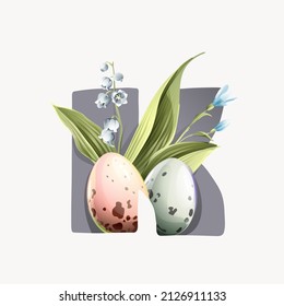 K letter logo with Easter eggs in a natural pattern, lily of the valley leaves, and snowdrop flowers. Perfect for greetings cards, spring birthdays posters, and kindergarten interior design.