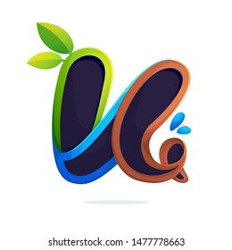 K letter logo ecology stylized with green leaves and dew drops. Font style, vector design template elements for your eco friendly or organic label. 