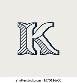 K letter logo in elegant style with diagonal hatching and shadow effect. Vector serif font for barber shop labels, currency posters and bank identity.