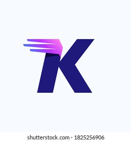 K letter logo with fast speed lines or wings. Corporate branding identity design template with vivid gradient. Can be used for delivery ads, technology poster, sport identity, etc.