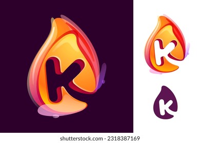 K letter logo in fire flame. Negative space 3D realistic icon. Vibrant initial in overlapping watercolor style. Vector watercolor font for danger labels, multicolor warning posters, sport identity.