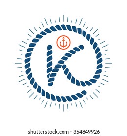 K letter logo formed by rope with compass star and anchor. Vector design template elements for your application or corporate identity.