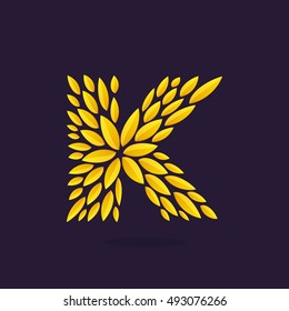 K letter logo formed by gold leaves. Vintage award laurel wreath. Vector triumph and success elements for banner, presentation, web page, card, labels or posters.