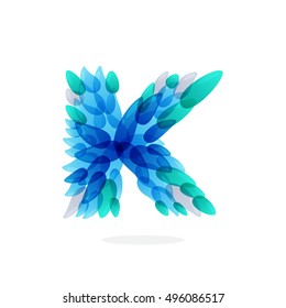 K letter logo formed by blue water splashes. Droplet pattern. Vector ecology elements for posters, t-shirts and cards.