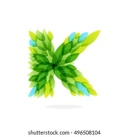 K letter logo formed by watercolor fresh green leaves. Brush stroke pattern. Vector ecology elements for posters, t-shirts and cards.