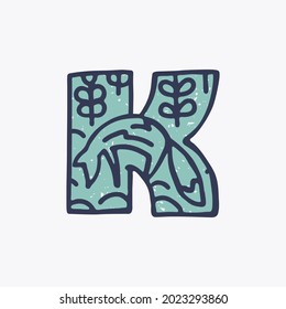 K letter logo with a fox in the Nordic folk art style in the background. Scandinavian font for Christmas cards, retro posters, historical banners, cute decorative prints on T-shirts.