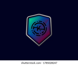 Logotipo de letra K con píxel de círculo de engranajes y diseño de escudo moderno. Plantilla de diseño de protección de iconos K de seguridad.