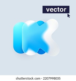 K letter logo in Glass morphism style. Vector blurry translucent icon on white background. Frosted transparent blue and white emblem. Perfect for app, modern design, vibrant advertising.