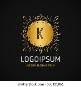 K Letter logo, Golden Monogram design elements, line art logo. Beautiful Boutique Logo Designs, Business sign, Restaurant, Royalty, Cafe, Hotel, Heraldic, Jewelry, Fashion, Wine. Vector illustration