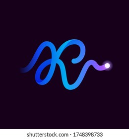 K letter logo with gradient line and flash dot. Perfect font for biotechnology design, heartbeat print, science card etc.