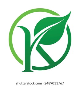 K letter logo and Green leaf initial letter logo design vector