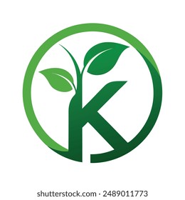 Logo de la letra K y Vector de diseño del logotipo de la letra inicial de la hoja verde
