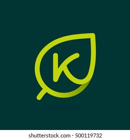 K letter logo in green leaf. Line style icon. Vector ecology elements for posters, t-shirts and cards.