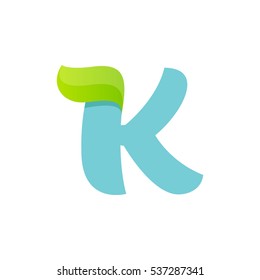 K letter logo with green leaf. Vector script font for your ecology posters, t-shirts, presentation or card.