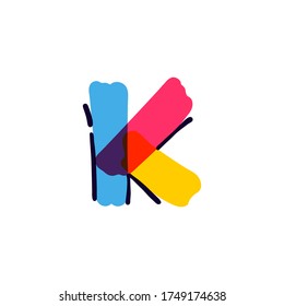 K letter logo handwritten with a multicolor felt-tip pen. Perfect vector icon for kids design, interior print, cute labels, etc.