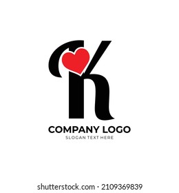 K letter logo with heart icon, Happy Valentines initial K logo, Valentines Day greeting card banner logo template