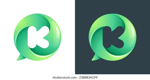 K letter logo inside speech bubble with swirl pattern. Negative space style icon. Colorful gradient emblem for your social media app, call center, online message, feedback icon, telemarketing screen.